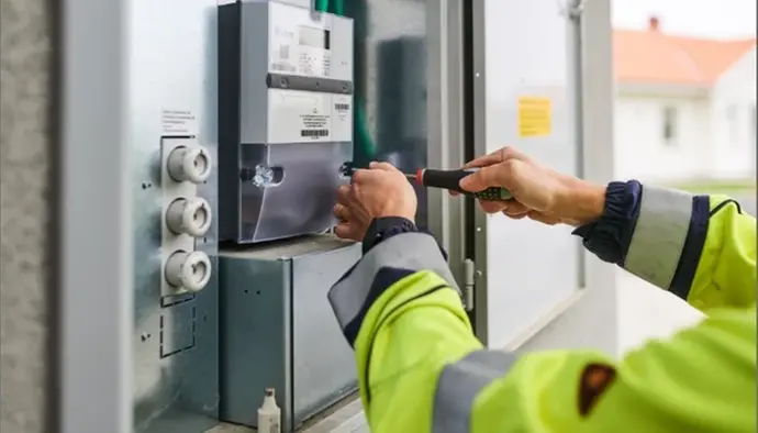 Bilden visar en medarbetare som skruvar i ett elskåp.