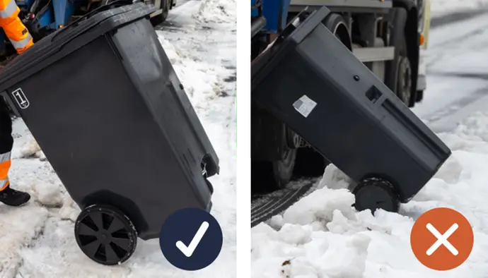 Bilden visar sopkärl vid en skottad trottoar och en oskottad trottoar